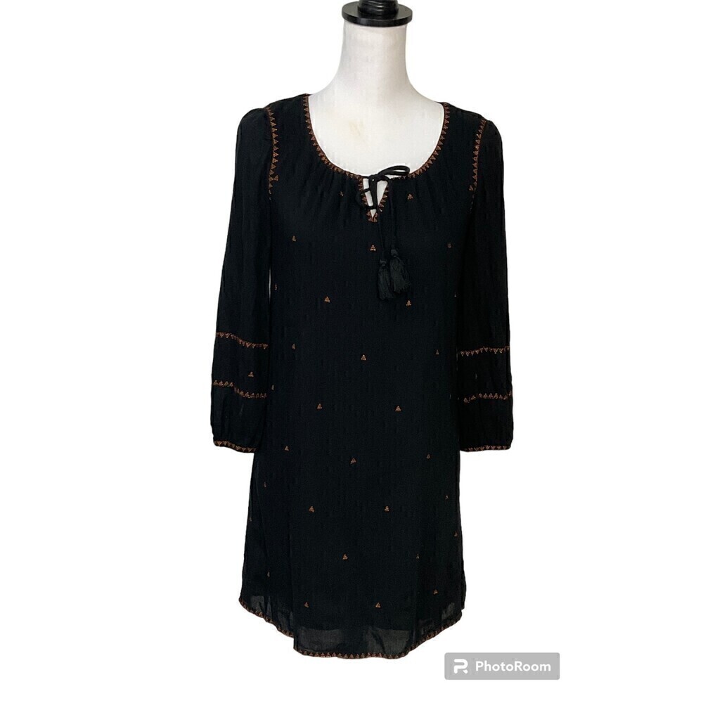 Madewell Women Black Sheath Dress Sz XXS Sweetheart Neck Ballon Sleeves Long E1